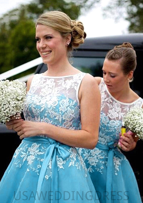 Bateau A-Line/Princess Tea-Length Organza Bridesmaid Dresses With Appliqued Danica DSP0025504