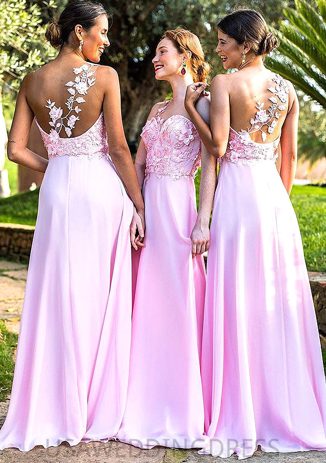 Sleeveless One-Shoulder Sweep Train A-line/Princess Chiffon Bridesmaid Dresseses With Appliqued Amara DSP0025506