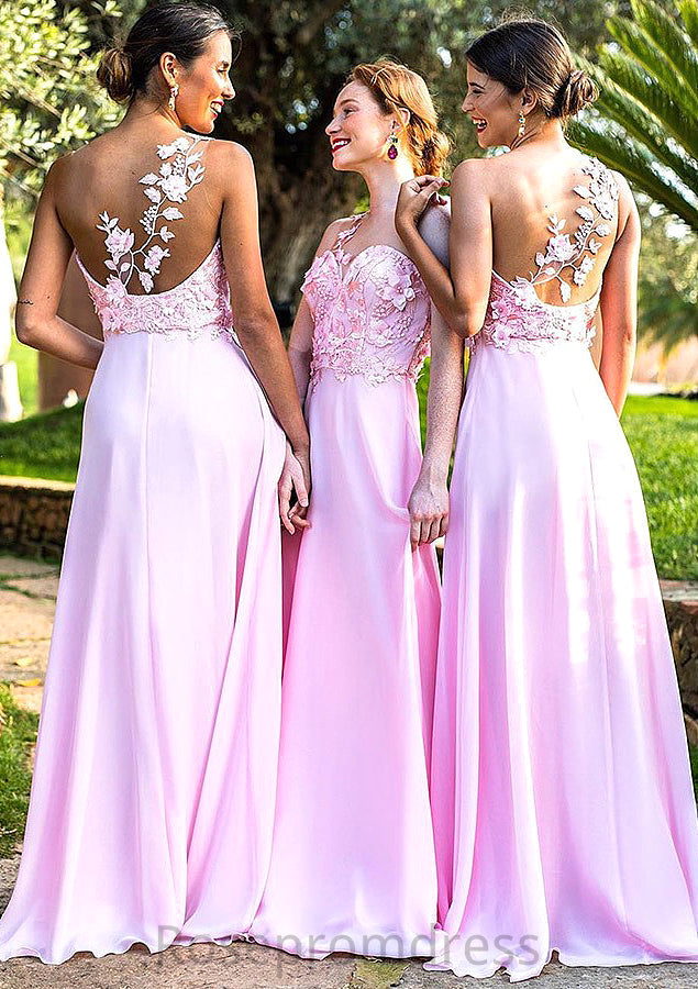 Sleeveless One-Shoulder Sweep Train A-line/Princess Chiffon Bridesmaid Dresseses With Appliqued Kaley SRSP0025506