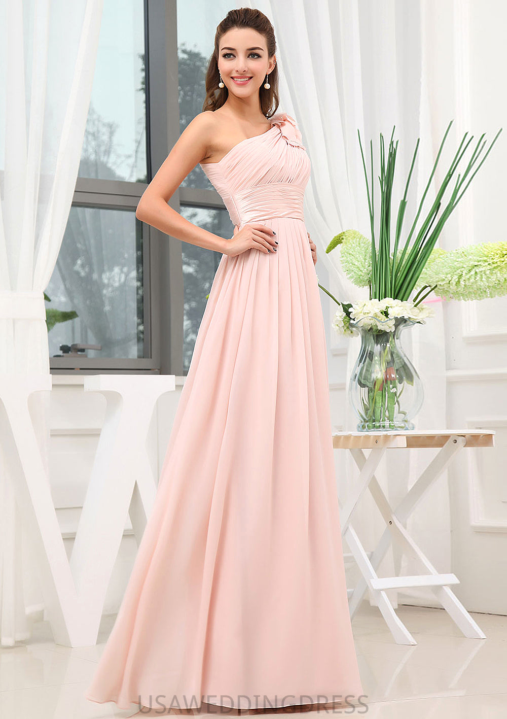 Sleeveless One-Shoulder Long/Floor-Length A-line/Princess Chiffon Bridesmaid Dresses With Pleated Shoulder Flower Carina DSP0025507