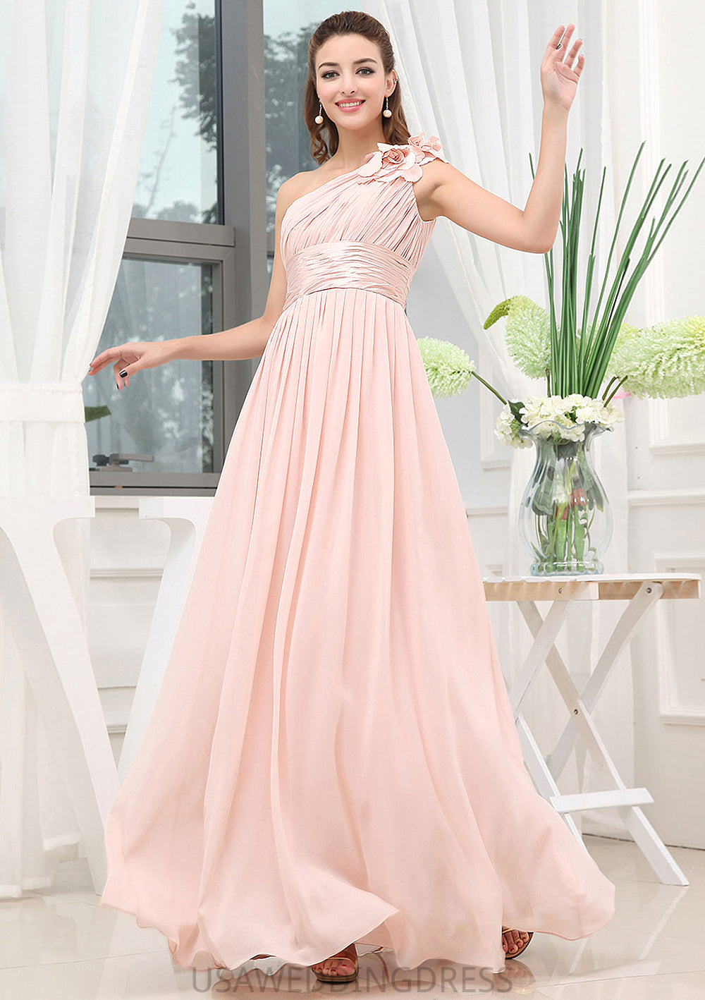 Sleeveless One-Shoulder Long/Floor-Length A-line/Princess Chiffon Bridesmaid Dresses With Pleated Shoulder Flower Carina DSP0025507