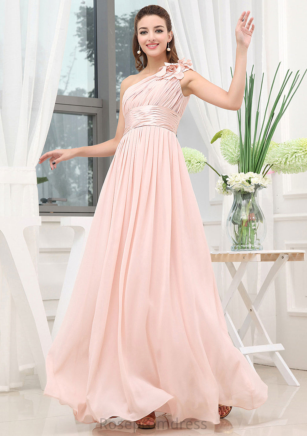 Sleeveless One-Shoulder Long/Floor-Length A-line/Princess Chiffon Bridesmaid Dresses With Pleated Shoulder Flower Cadence SRSP0025507