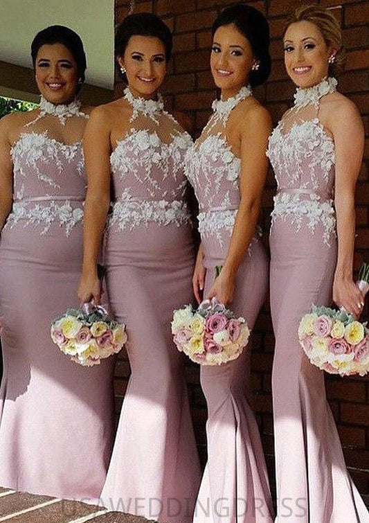 Halter Sleeveless Sweep Train Sheath/Column Satin Bridesmaid Dresses With Appliqued Alayna DSP0025515