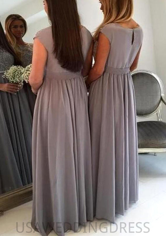 Bateau A-Line/Princess Long/Floor-Length Chiffon Bridesmaid Dresses With Appliqued Thelma DSP0025517