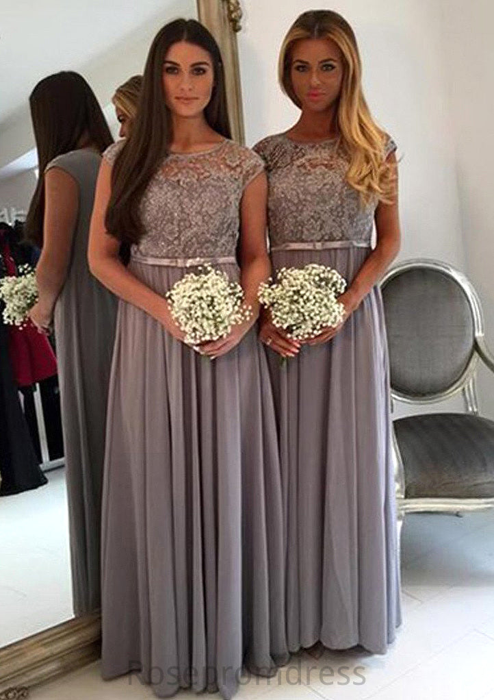 Bateau A-Line/Princess Long/Floor-Length Chiffon Bridesmaid Dresses With Appliqued Skylar SRSP0025517