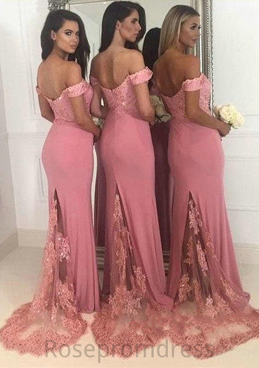 Sleeveless Off-the-Shoulder Sweep Train Sheath/Column Jersey Bridesmaid Dresseses With Lace Beading Karina SRSP0025519