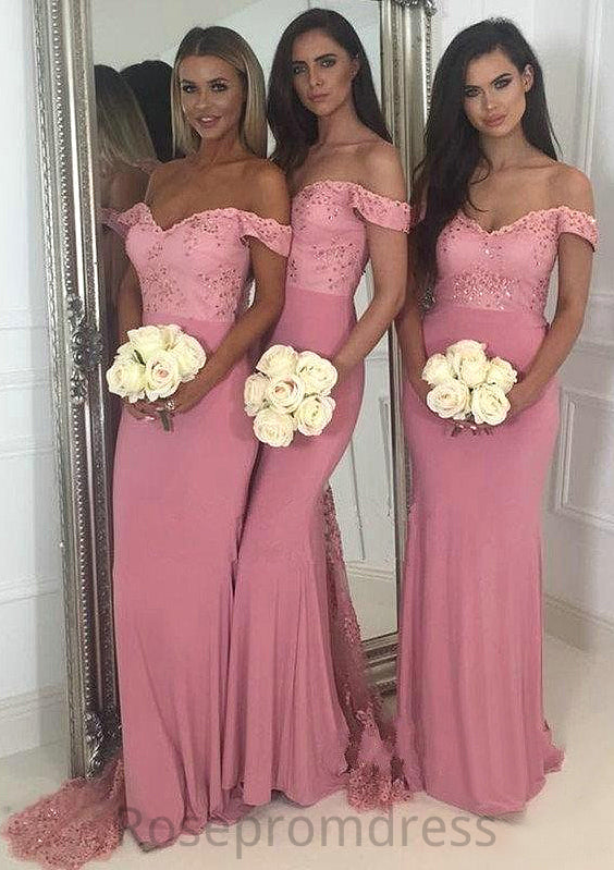 Sleeveless Off-the-Shoulder Sweep Train Sheath/Column Jersey Bridesmaid Dresseses With Lace Beading Karina SRSP0025519