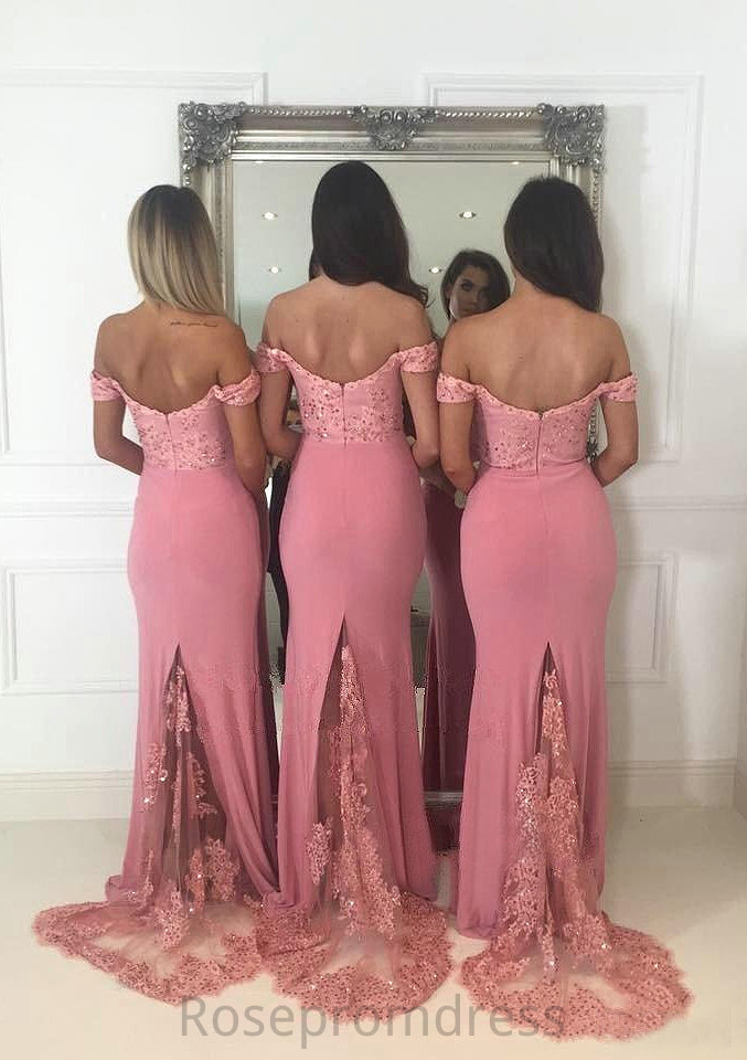 Sleeveless Off-the-Shoulder Sweep Train Sheath/Column Jersey Bridesmaid Dresseses With Lace Beading Karina SRSP0025519