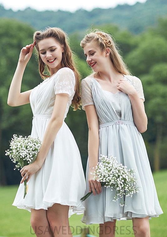 Short/Mini Scalloped Neck Short Sleeve Chiffon A-line/Princess Bridesmaid Dresseses With Lace Joanna DSP0025520