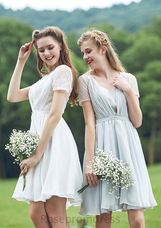 Short/Mini Scalloped Neck Short Sleeve Chiffon A-line/Princess Bridesmaid Dresseses With Lace Pancy SRSP0025520