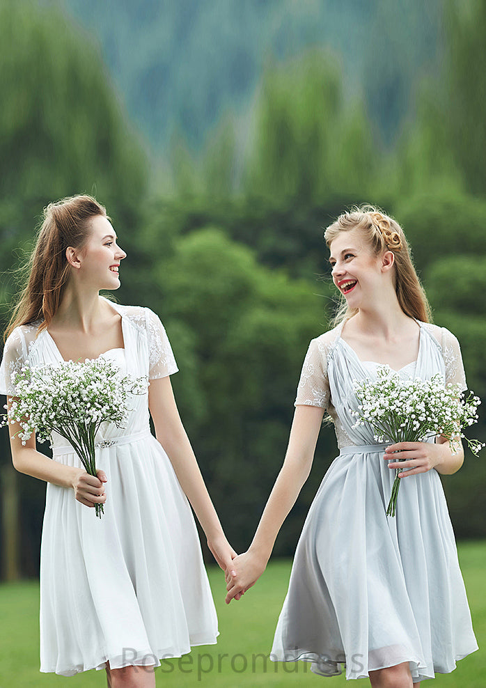 Short/Mini Scalloped Neck Short Sleeve Chiffon A-line/Princess Bridesmaid Dresseses With Lace Pancy SRSP0025520