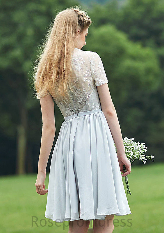 Short/Mini Scalloped Neck Short Sleeve Chiffon A-line/Princess Bridesmaid Dresseses With Lace Pancy SRSP0025520