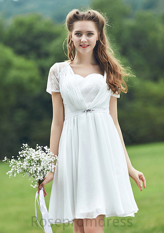 Short/Mini Scalloped Neck Short Sleeve Chiffon A-line/Princess Bridesmaid Dresseses With Lace Pancy SRSP0025520