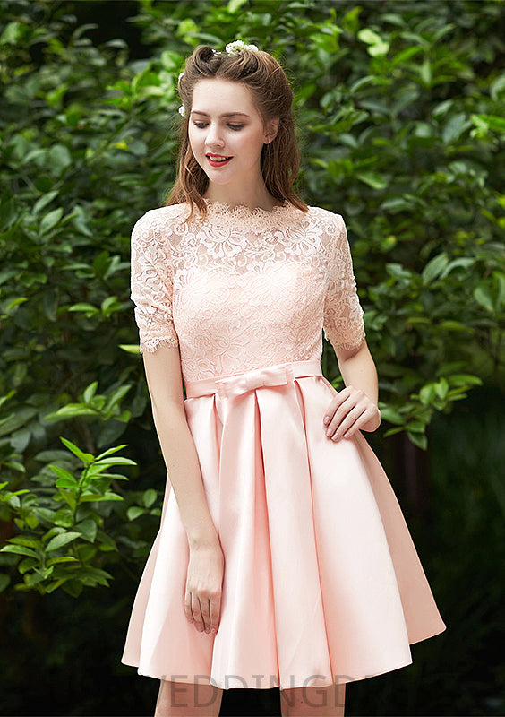 Bateau Short Sleeve Short/Mini A-line/Princess Satin Bridesmaid Dresses With Waistband Pleated Lace Jamiya DSP0025521