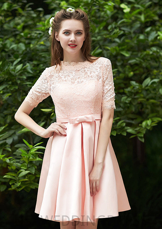 Bateau Short Sleeve Short/Mini A-line/Princess Satin Bridesmaid Dresses With Waistband Pleated Lace Jamiya DSP0025521