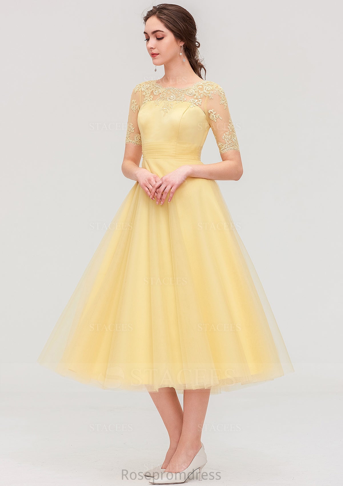 Bateau Short Sleeve A-line/Princess Tulle Tea-Length  Bridesmaid Dresses With Pleated Lace Jayla SRSP0025522