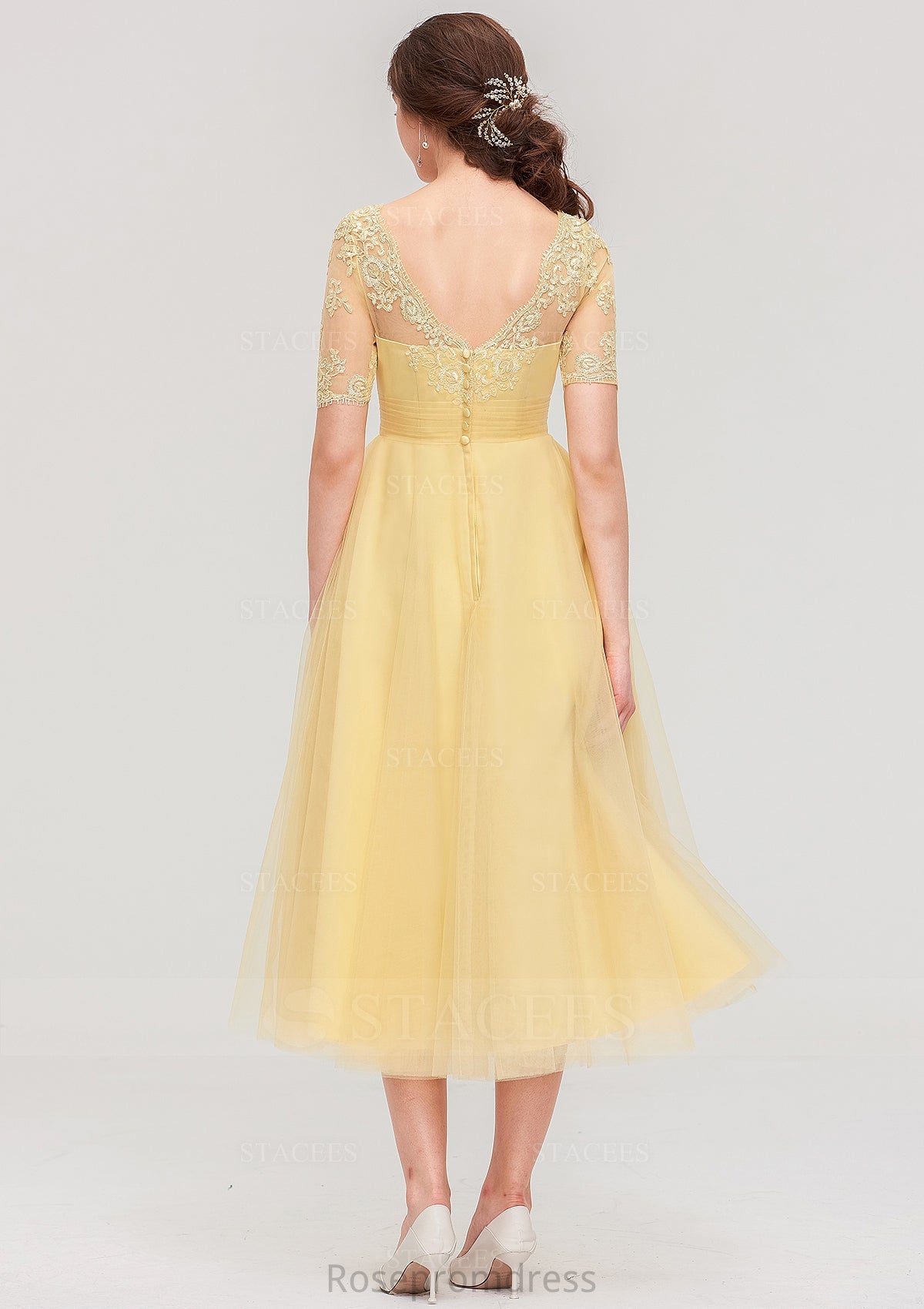 Bateau Short Sleeve A-line/Princess Tulle Tea-Length  Bridesmaid Dresses With Pleated Lace Jayla SRSP0025522