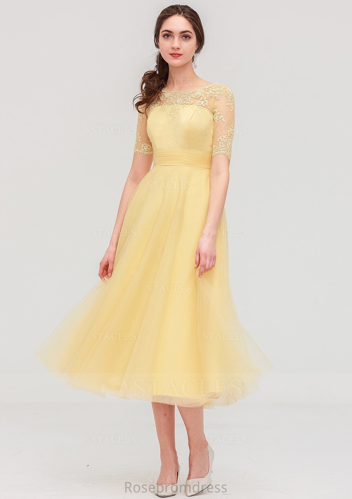 Bateau Short Sleeve A-line/Princess Tulle Tea-Length  Bridesmaid Dresses With Pleated Lace Jayla SRSP0025522