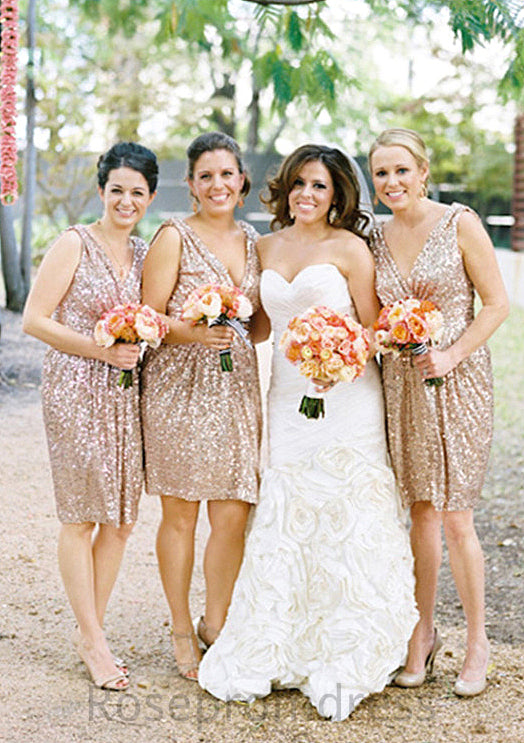 Sleeveless V Neck Knee-Length A-line/Princess Sequined Bridesmaid Dresses Nydia SRSP0025527