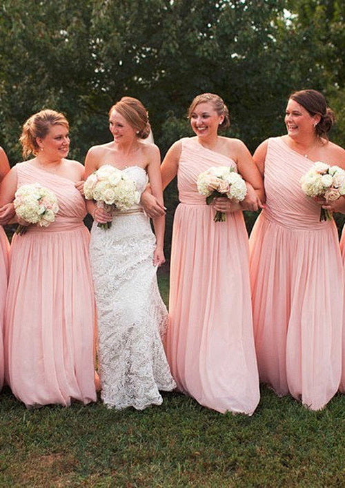 One-Shoulder A-Line/Princess Long/Floor-Length Chiffon Bridesmaid Dresses With Pleated Karli SRSP0025529