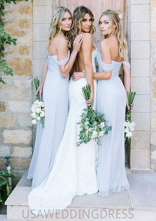 Off-The-Shoulder A-Line/Princess Long/Floor-Length Chiffon Bridesmaid Dresses With Pleated Nayeli DSP0025534