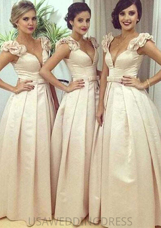 Sleeveless V Neck Long/Floor-Length A-line/Princess Satin Bridesmaid Dresseses With Pleated Waistband Jazlynn DSP0025536