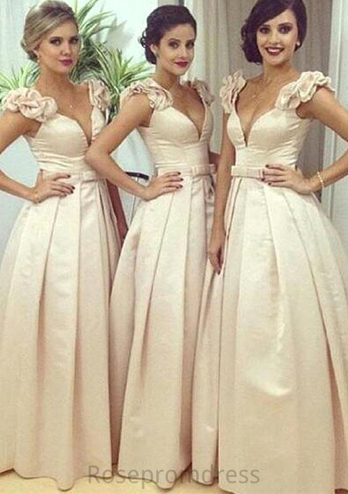 Sleeveless V Neck Long/Floor-Length A-line/Princess Satin Bridesmaid Dresseses With Pleated Waistband Kaitlin SRSP0025536