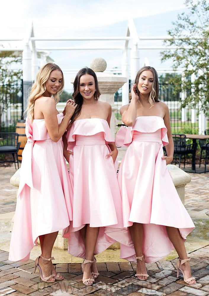 Sleeveless Strapless Asymmetrical A-line/Princess Satin Bridesmaid Dresseses With Bowknot Ruffles Cherish DSP0025539