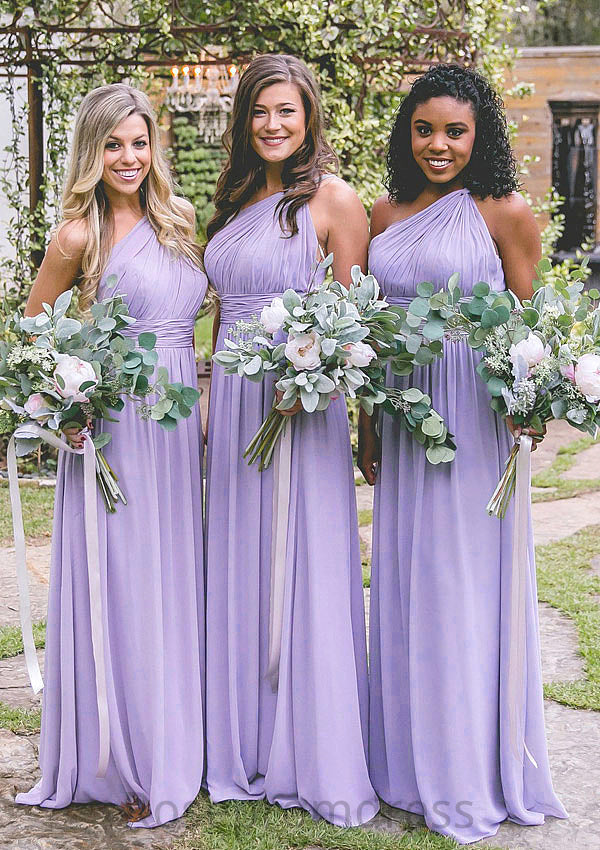 One-Shoulder A-Line/Princess Long/Floor-Length Chiffon Bridesmaid Dresses With Pleated Dayami SRSP0025544