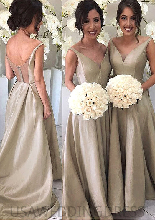 A-Line/Princess Sleeveless V-Neck Zipper Sweep Train Taffeta Bridesmaid Dresses Amiah DSP0025548