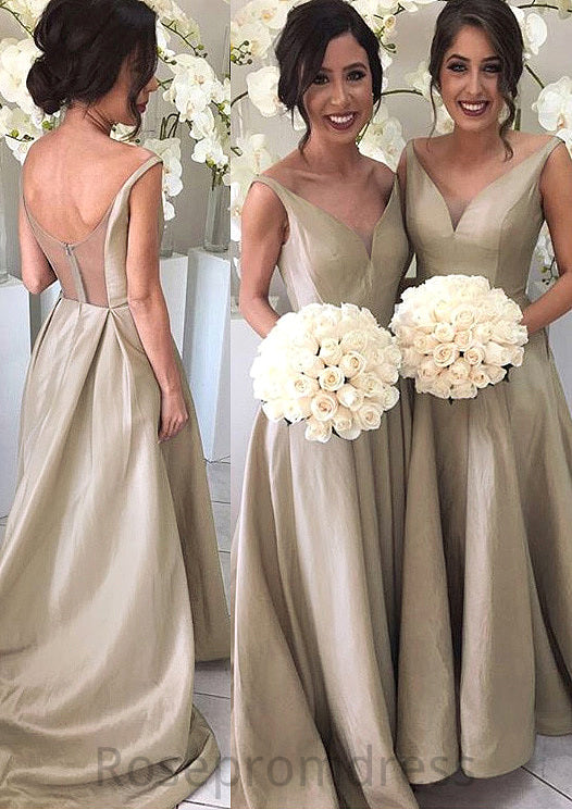 A-Line/Princess Sleeveless V-Neck Zipper Sweep Train Taffeta Bridesmaid Dresses Makenna SRSP0025548