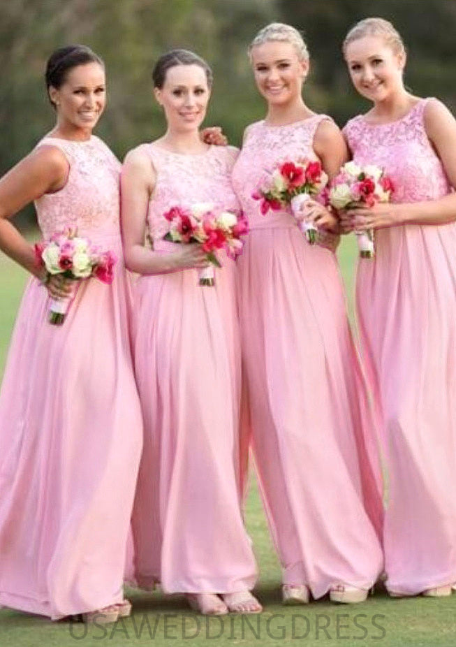 A-Line/Princess Bateau Long/Floor-Length Chiffon Bridesmaid Dresses With Lace Yamilet DSP0025552