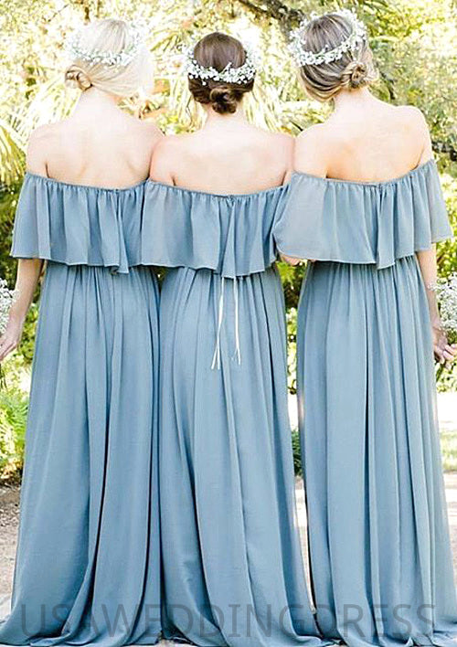 Off-The-Shoulder A-Line/Princess Long/Floor-Length Chiffon Bridesmaid Dresses With Ruffles Sanaa DSP0025555