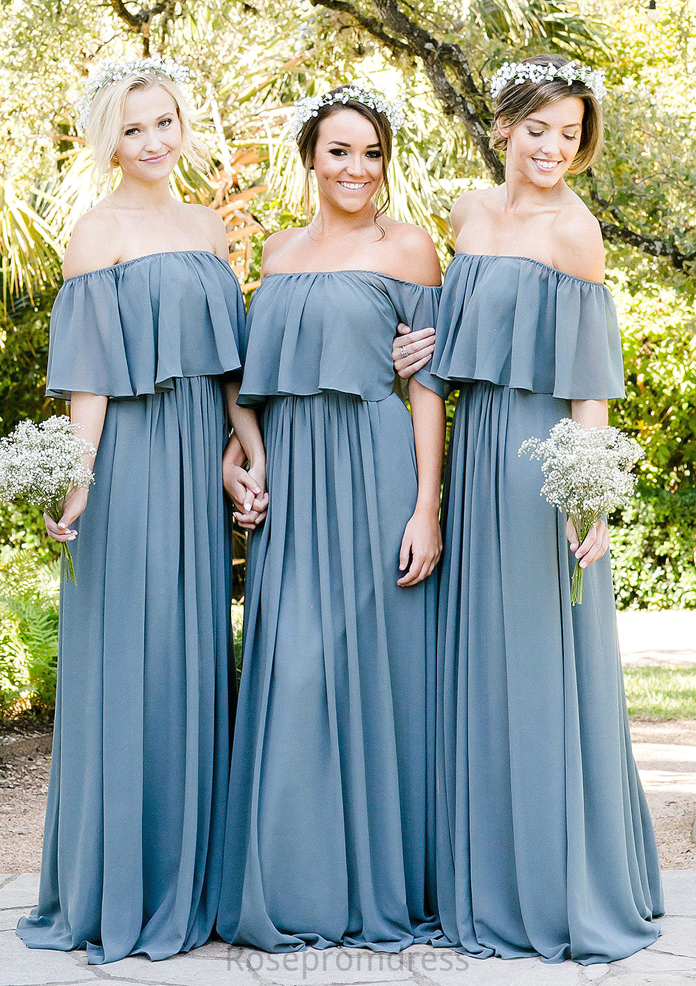 Off-The-Shoulder A-Line/Princess Long/Floor-Length Chiffon Bridesmaid Dresses With Ruffles Larissa SRSP0025555