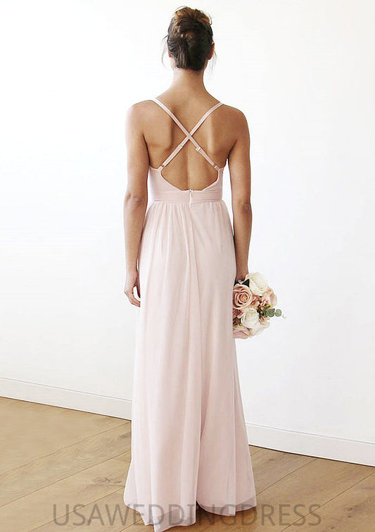 Spaghetti Straps Sleeveless V Neck Long/Floor-Length Chiffon Bridesmaid Dresses With Pleated Kenna DSP0025561