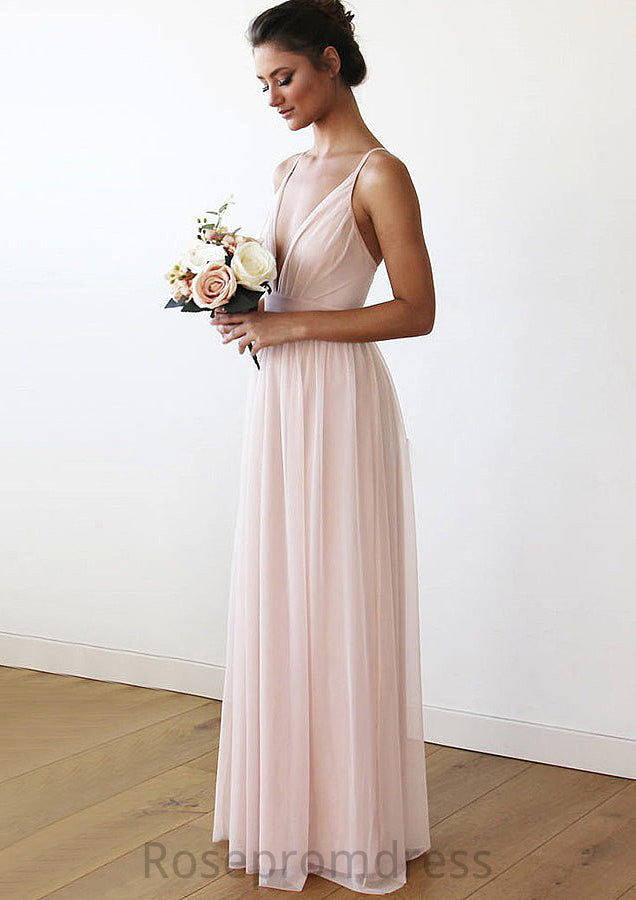 Spaghetti Straps Sleeveless V Neck Long/Floor-Length Chiffon Bridesmaid Dresses With Pleated Makaila SRSP0025561