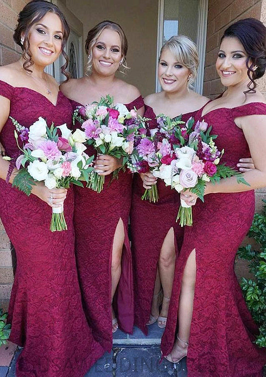 Sleeveless Off-the-Shoulder Long/Floor-Length Trumpet/Mermaid Lace Bridesmaid Dresseses With Split Cecelia DSP0025562