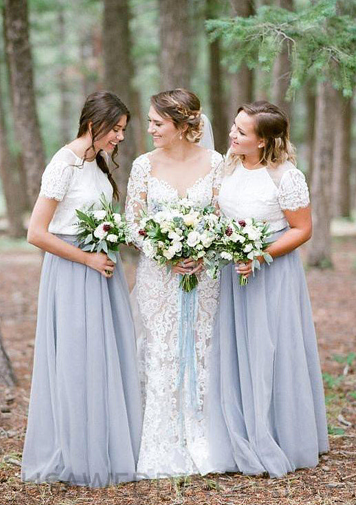 Short Sleeve Scoop Neck Long/Floor-Length A-line/Princess Tulle Bridesmaid Dresseses With Lace Amelie DSP0025563