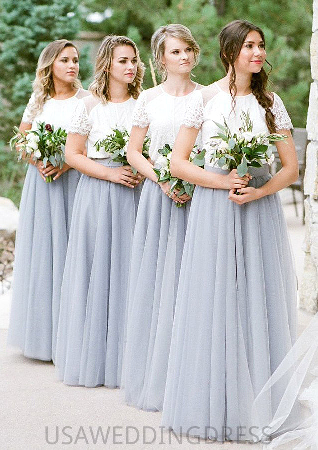 Short Sleeve Scoop Neck Long/Floor-Length A-line/Princess Tulle Bridesmaid Dresseses With Lace Amelie DSP0025563