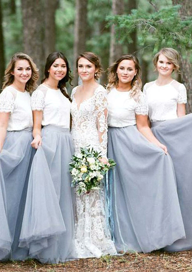 Short Sleeve Scoop Neck Long/Floor-Length A-line/Princess Tulle Bridesmaid Dresseses With Lace Amelie DSP0025563