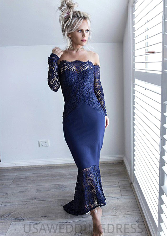 Off-the-Shoulder Full/Long Sleeve Asymmetrical Trumpet/Mermaid Lace Bridesmaid Dresseses Belinda DSP0025566