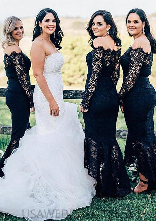 Off-the-Shoulder Full/Long Sleeve Asymmetrical Trumpet/Mermaid Lace Bridesmaid Dresseses Belinda DSP0025566