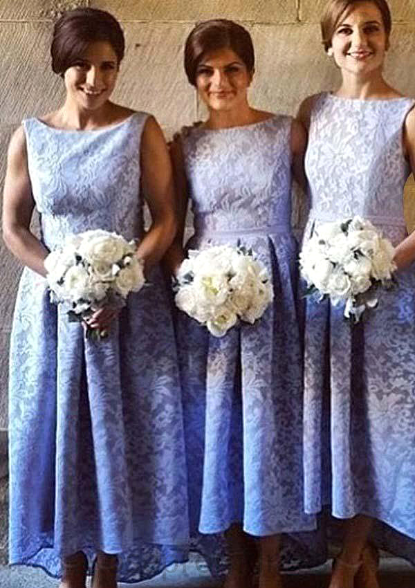 Bateau Sleeveless Asymmetrical A-line/Princess Lace Bridesmaid Dresseses With Pleated Jaylyn SRSP0025576