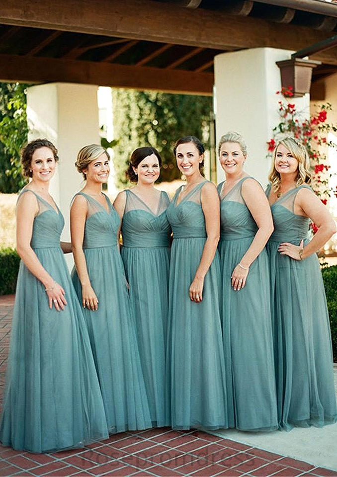 Sleeveless V Neck Tulle Long/Floor-Length A-line/Princess Bridesmaid Dresseses With Pleated Gabriela SRSP0025578