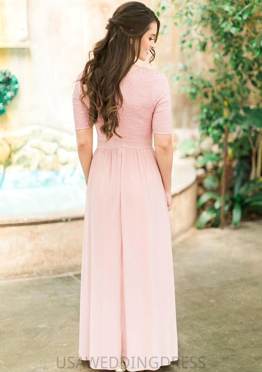 Scoop Neck Short Sleeve Ankle-Length A-line/Princess Chiffon Bridesmaid Dresses With Lace Pleated Sofia DSP0025580