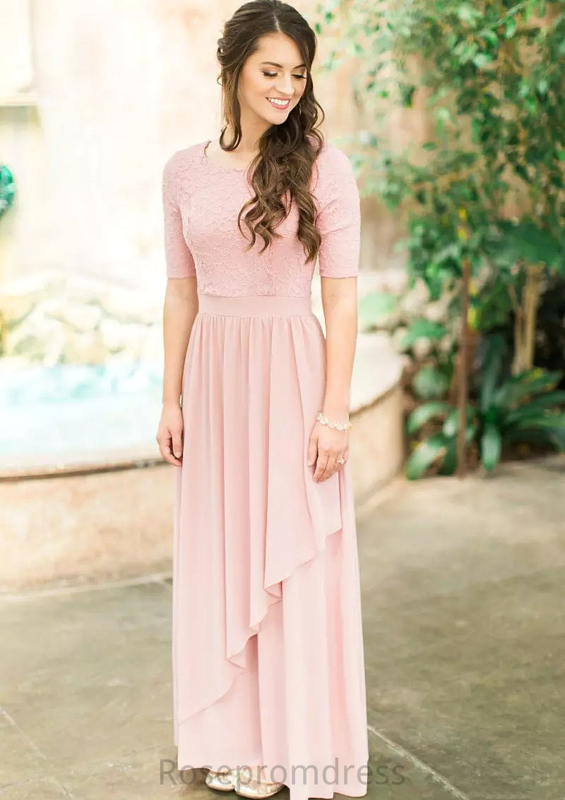 Scoop Neck Short Sleeve Ankle-Length A-line/Princess Chiffon Bridesmaid Dresses With Lace Pleated Autumn SRSP0025580