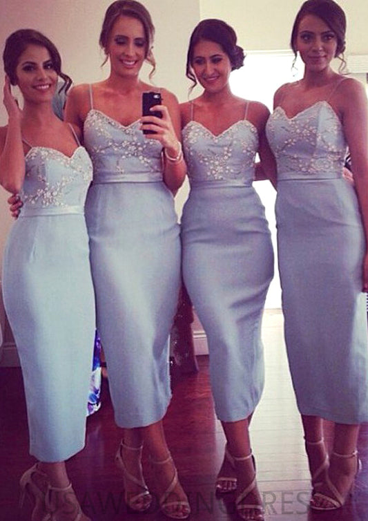 Sleeveless V Neck Tea-Length Sheath/Column Elastic Satin Bridesmaid Dresseses With Appliqued Jemima DSP0025581