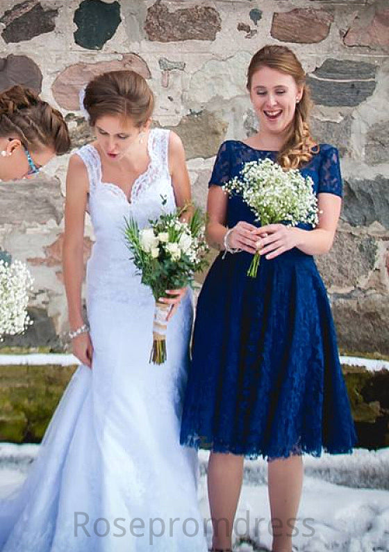 Bateau Short Sleeve A-line/Princess Lace Knee-Length Bridesmaid Dresseses Lorelai SRSP0025582