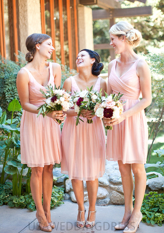 Sleeveless V Neck Short/Mini Chiffon A-line/Princess Bridesmaid Dresseses With Pleated Dana DSP0025585