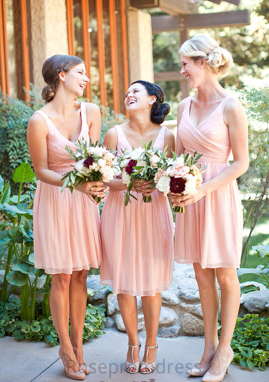 Sleeveless V Neck Short/Mini Chiffon A-line/Princess Bridesmaid Dresseses With Pleated Karina SRSP0025585